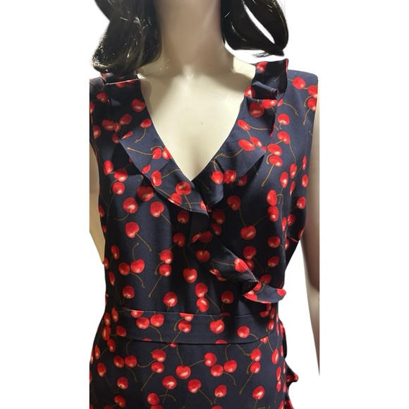 J.Crew Cherry Print Ruffle Trim Wrap Dress – Black & Red – Size 14 - Picture 3 of 8